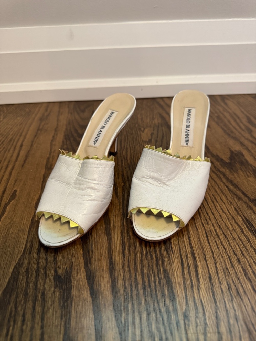 Manolo Blahnik White and Gold Open-Toe Mules